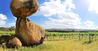 Balancing Heart Vineyard is home to bizarrely shaped lumps of stone sitting precariously atop lofty peaks.
